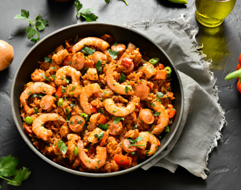 A bowl of shrimp and sausage rice dish garnished with fresh herbs