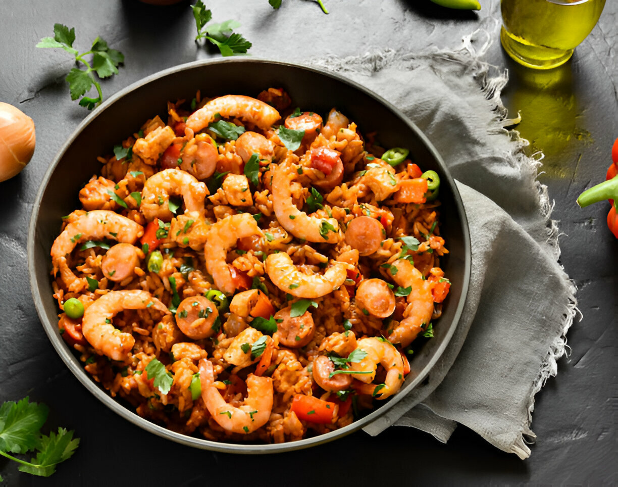 A bowl of shrimp and sausage rice dish garnished with fresh herbs