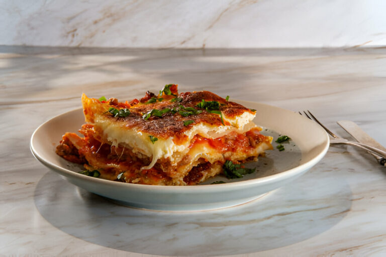 A delicious serving of lasagna topped with fresh herbs on a beige plate
