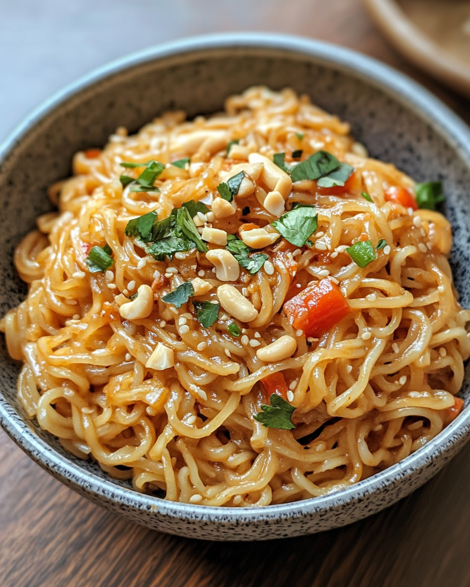 Crispy tofu and broccoli coated in peanut sauce served over rice noodles