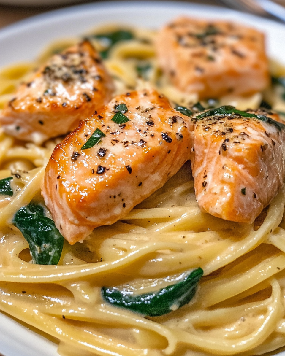 Steps of creamy salmon pasta cooking process
