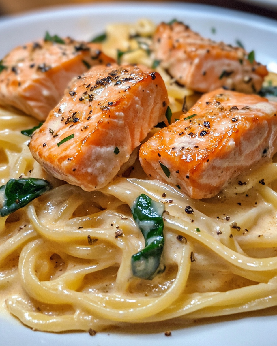 Finished creamy salmon pasta with parsley garnish