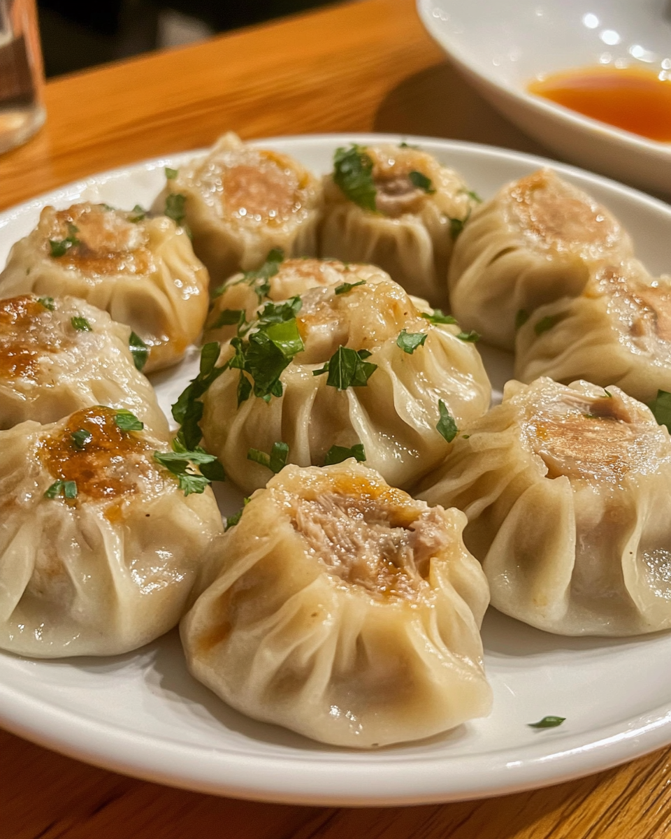 Finished plate of crispy-bottomed potstickers with dipping sauce