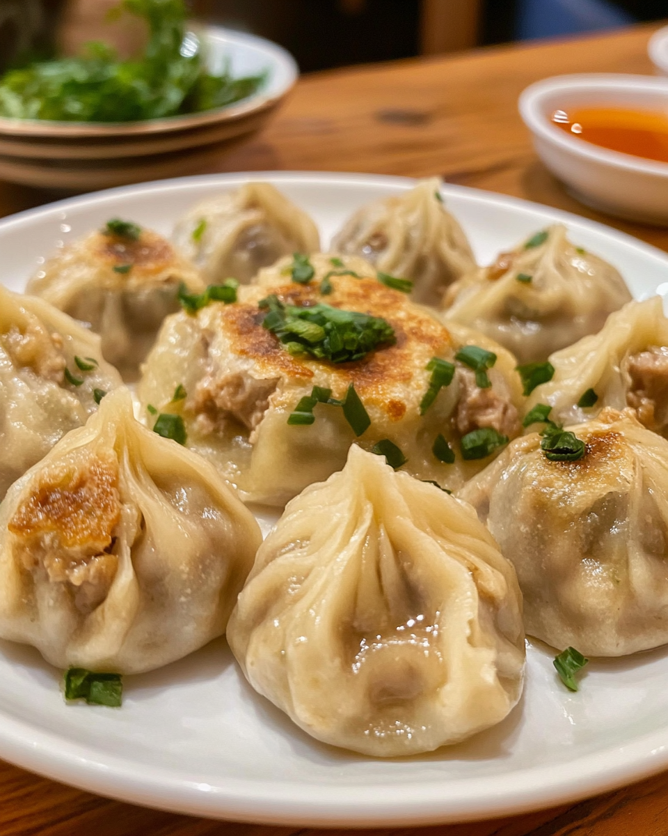 Close-up of potstickers in a skillet with golden brown bottoms
