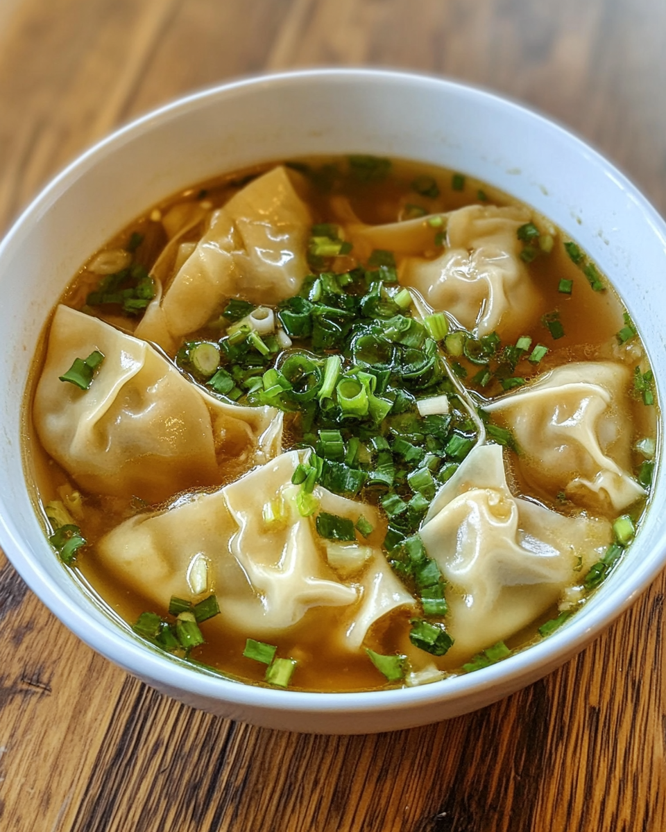 Freshly served wonton soup in a bowl with scallions on top