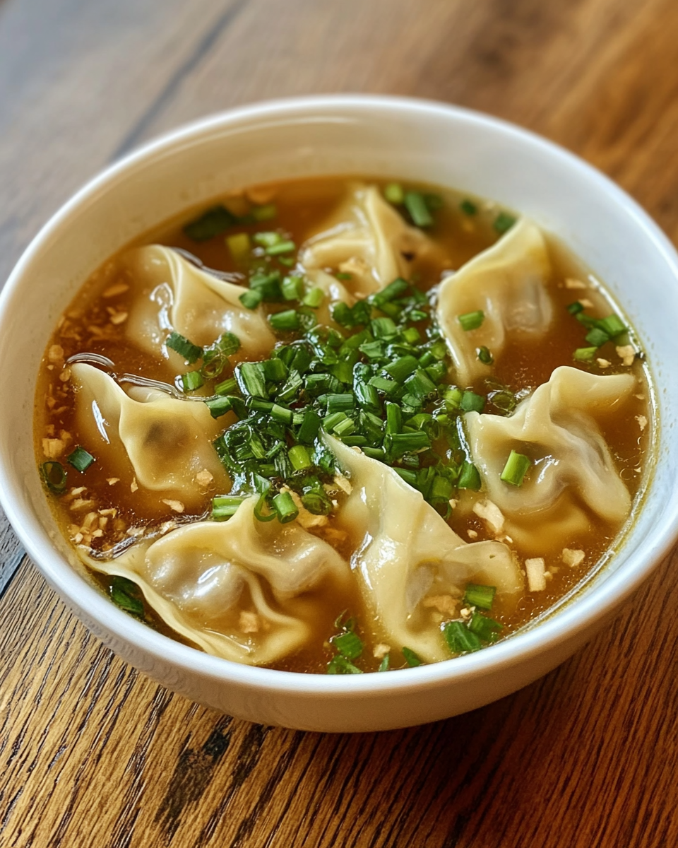 Wonton soup in a bowl with broth and wontons
