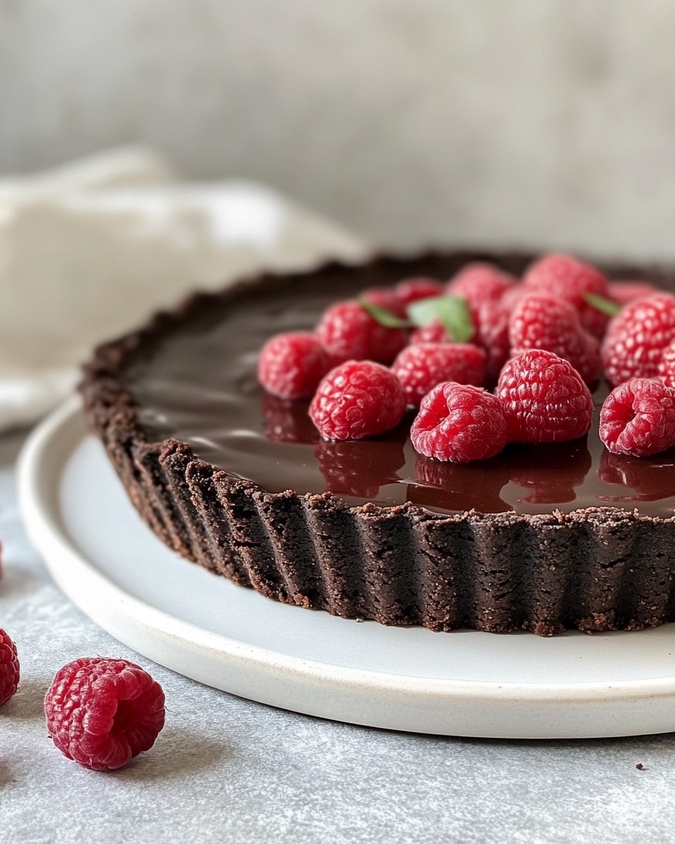 Sliced vegan chocolate tart with fresh strawberries