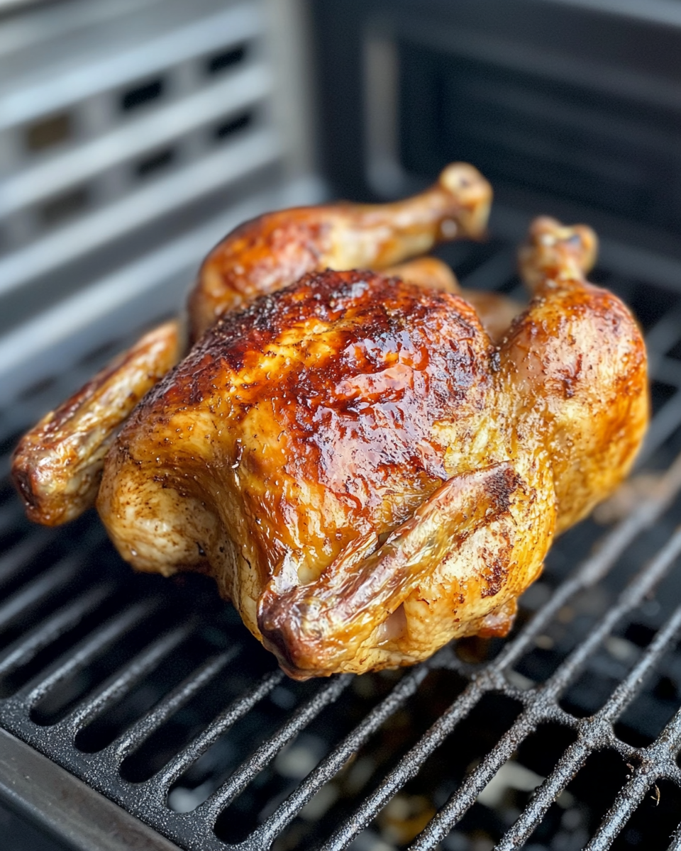 Juicy rotisserie chicken cooking in air fryer