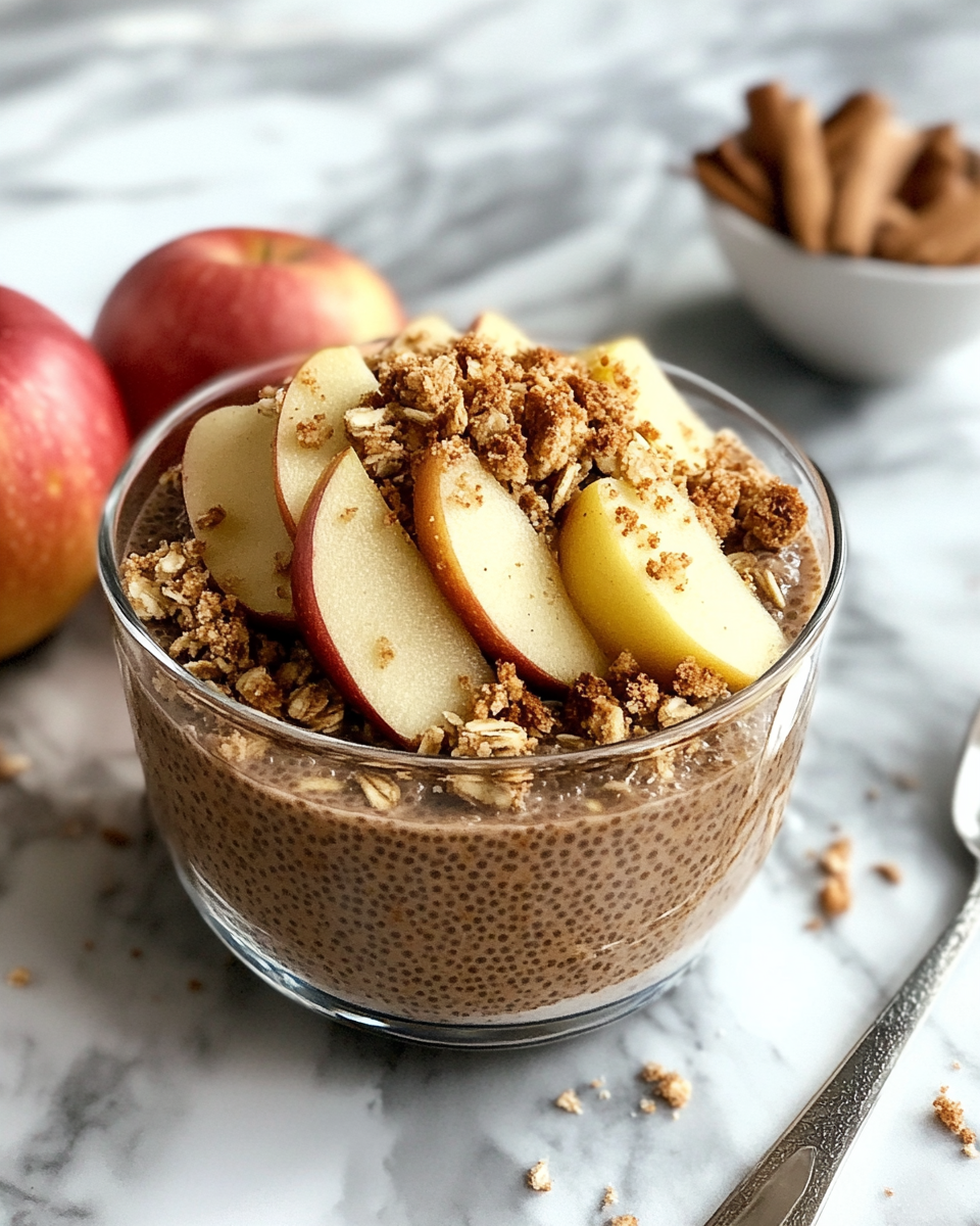 Serving bowl with apple crumble chia pudding topped with caramelized apples and oats