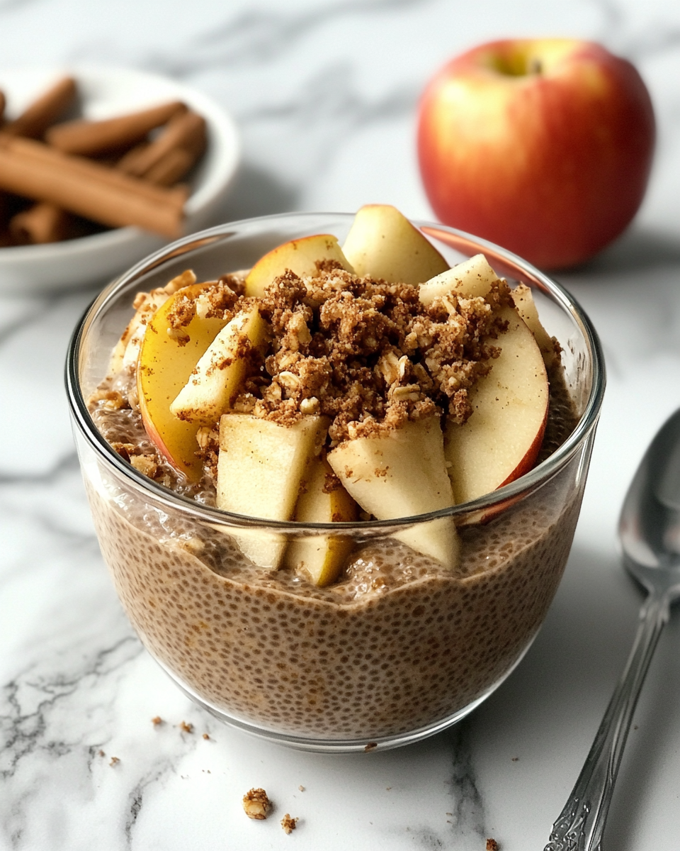 Close up of apple crumble chia pudding textures