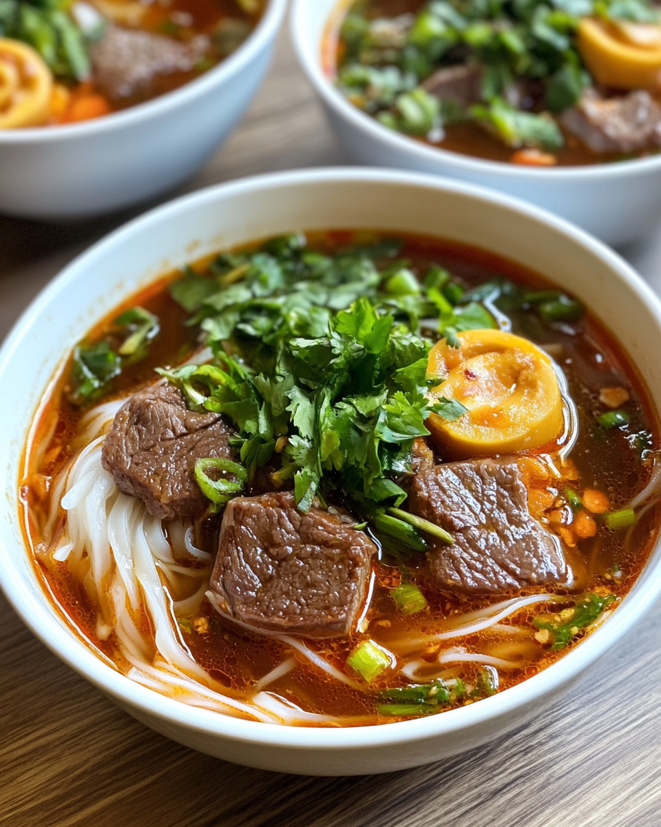 Enjoying Bun Bo Hue spicy beef noodle soup
