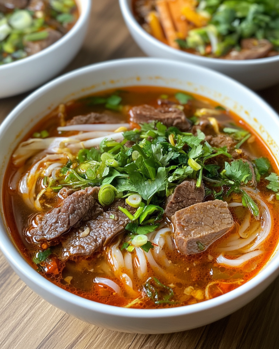 Bowl of authentic Bun Bo Hue spicy beef noodle soup