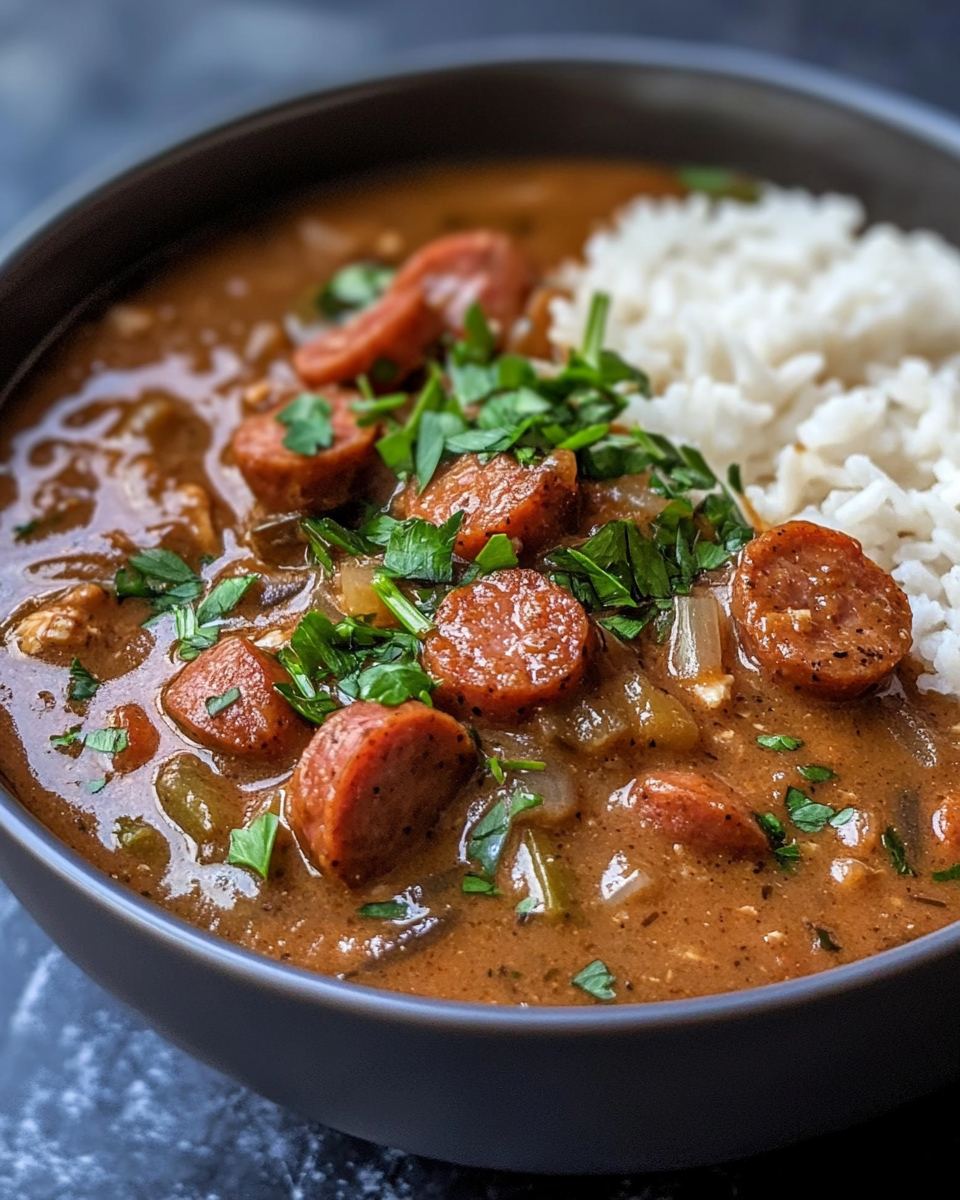 Finished Cajun sausage chicken gumbo served hot