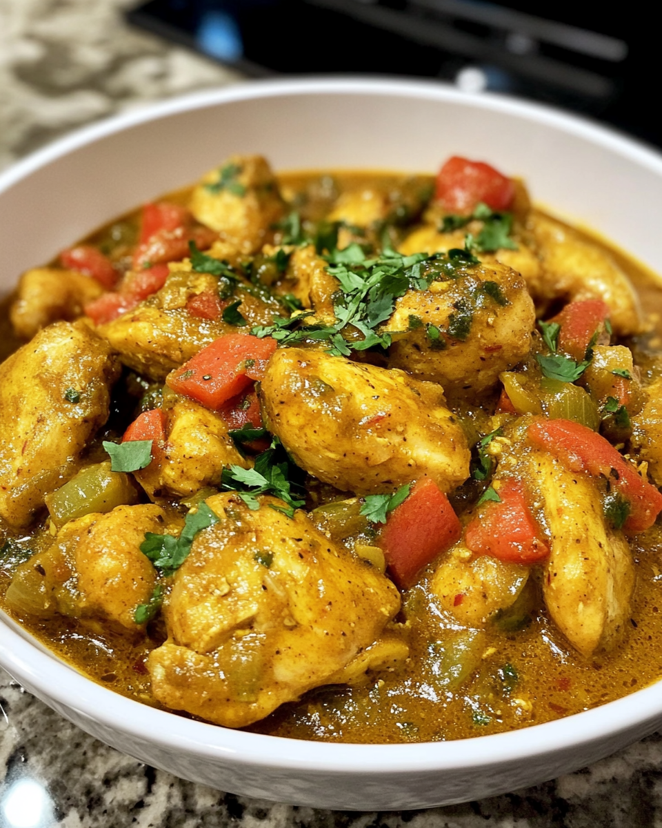 Close up of Jamaican Curry Chicken with veggies