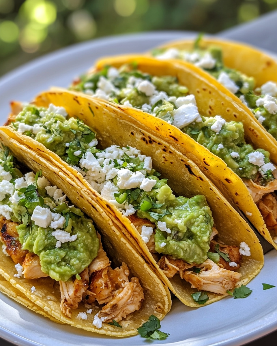 Mexican chicken street tacos with fresh guacamole and crumbled cheese close up