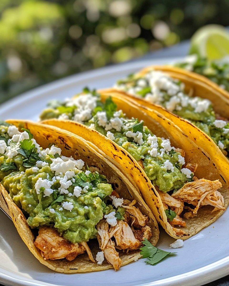 Top view of Mexican chicken street tacos with fresh guacamole and crumbled cheese