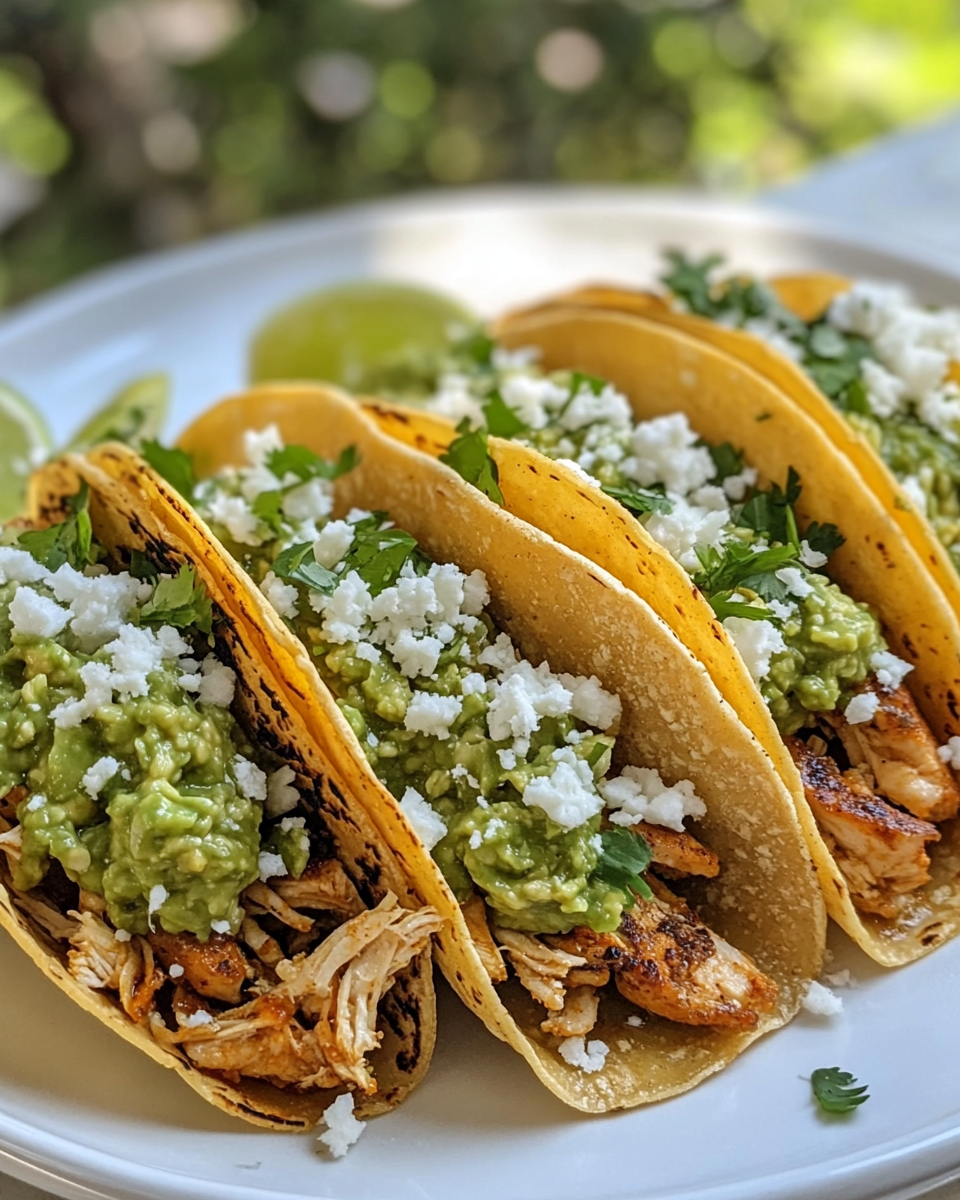 Authentic Mexican chicken street tacos with fresh guacamole and crumbled cheese