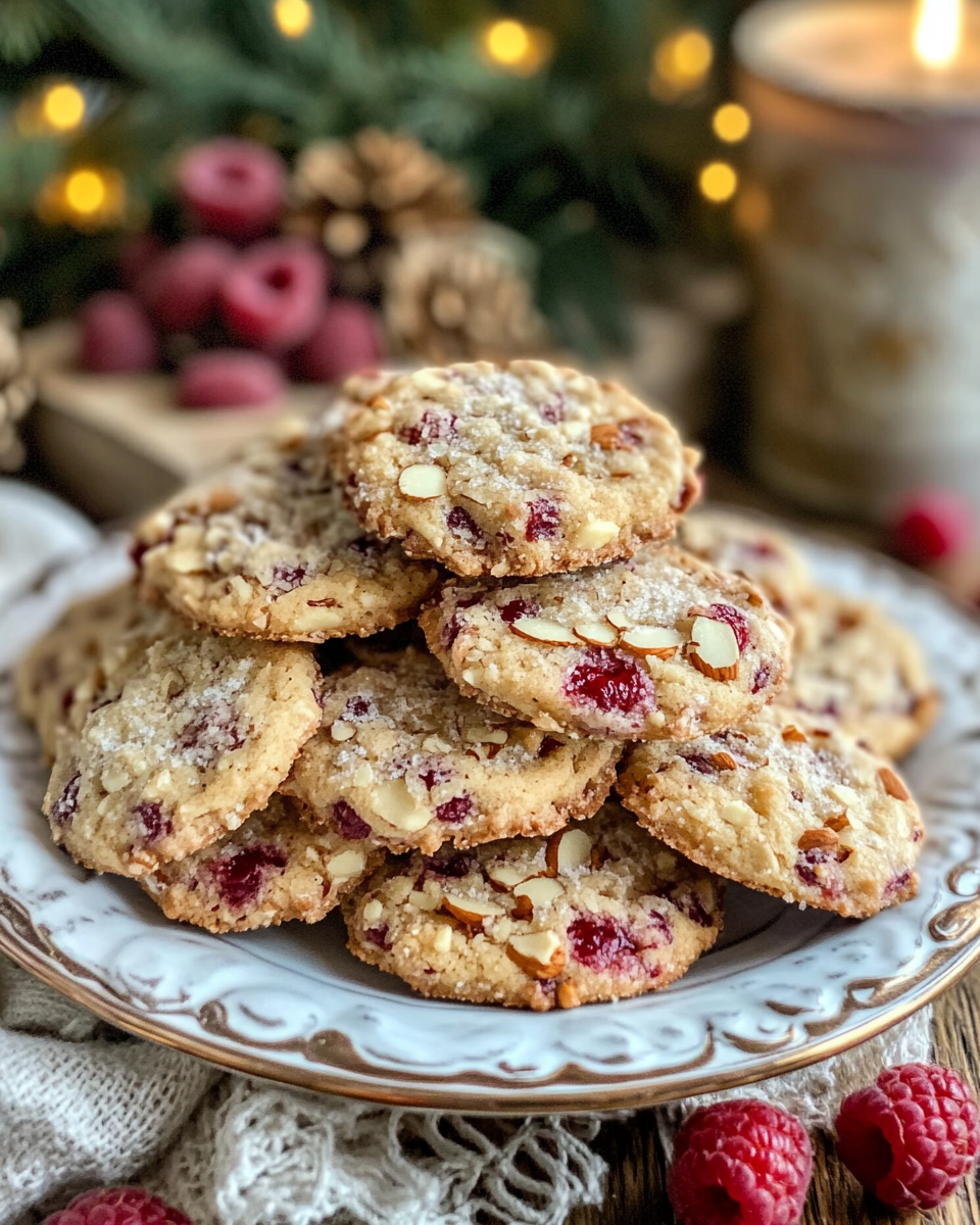 Finished raspberry almond cookies dusted with powdered sugar