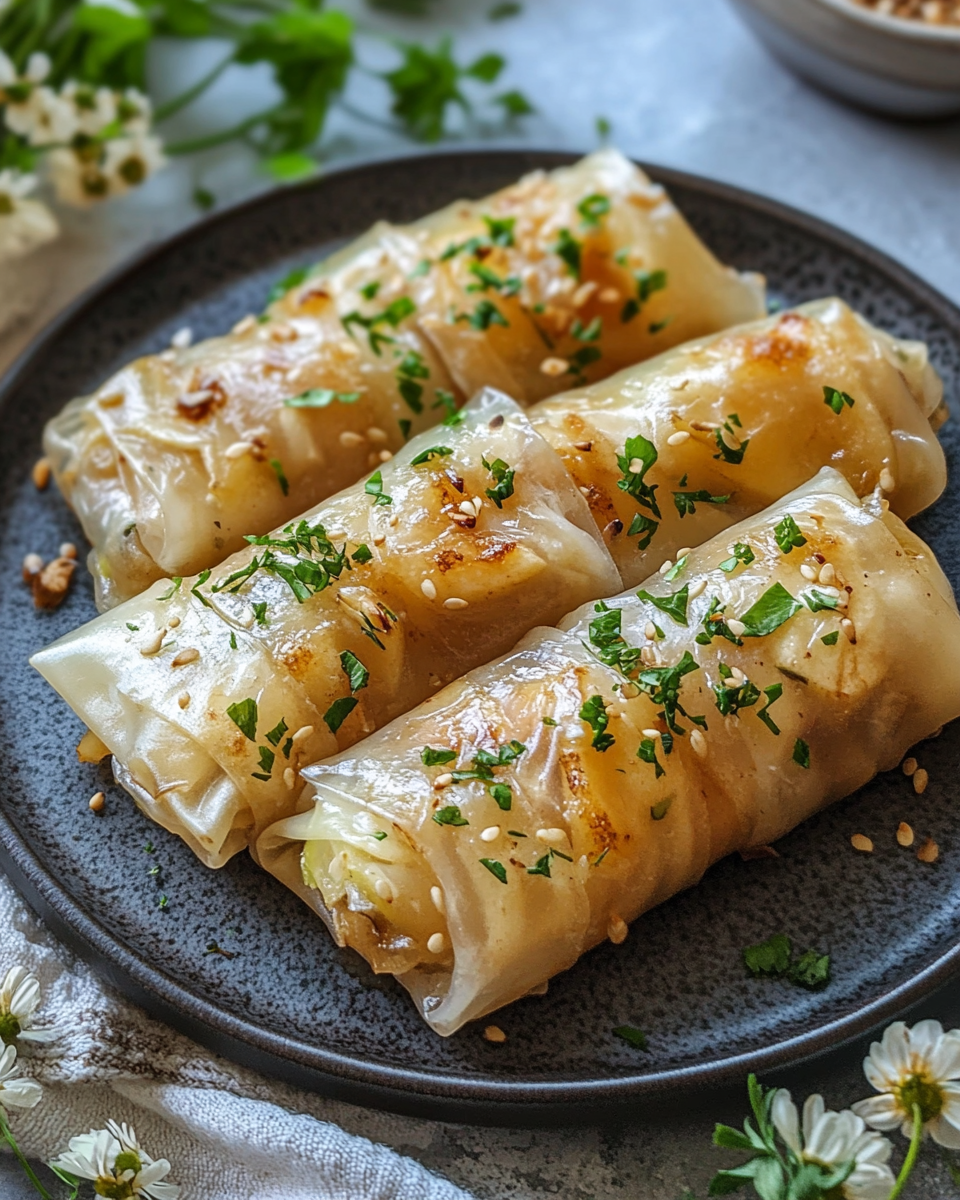baked apple pie rice paper rolls on a plate