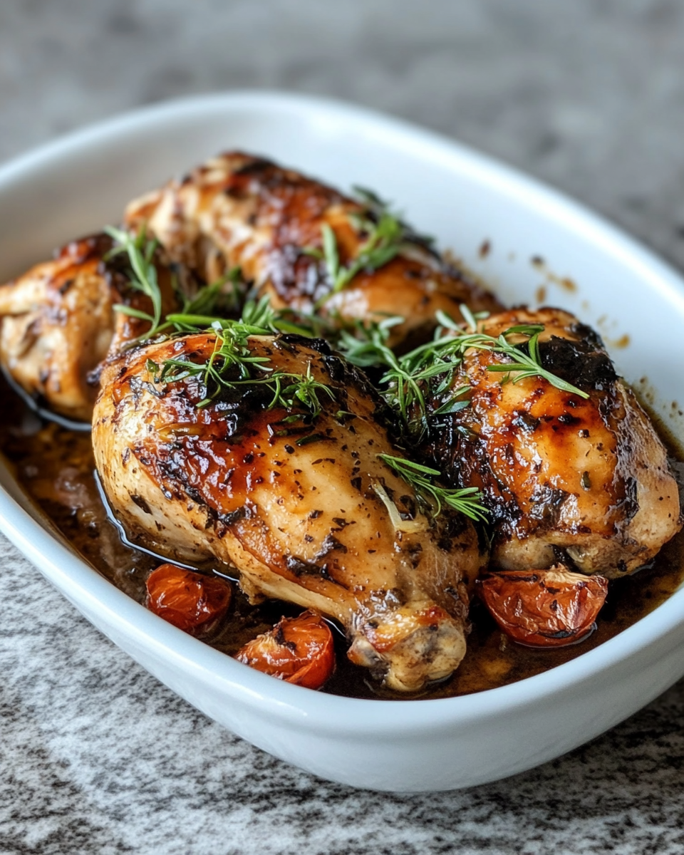 Finished balsamic chicken dish garnished with parsley
