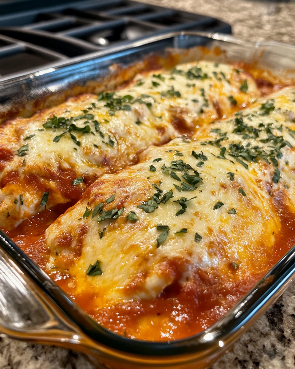 Baked chicken parmesan with spaghetti on the plate
