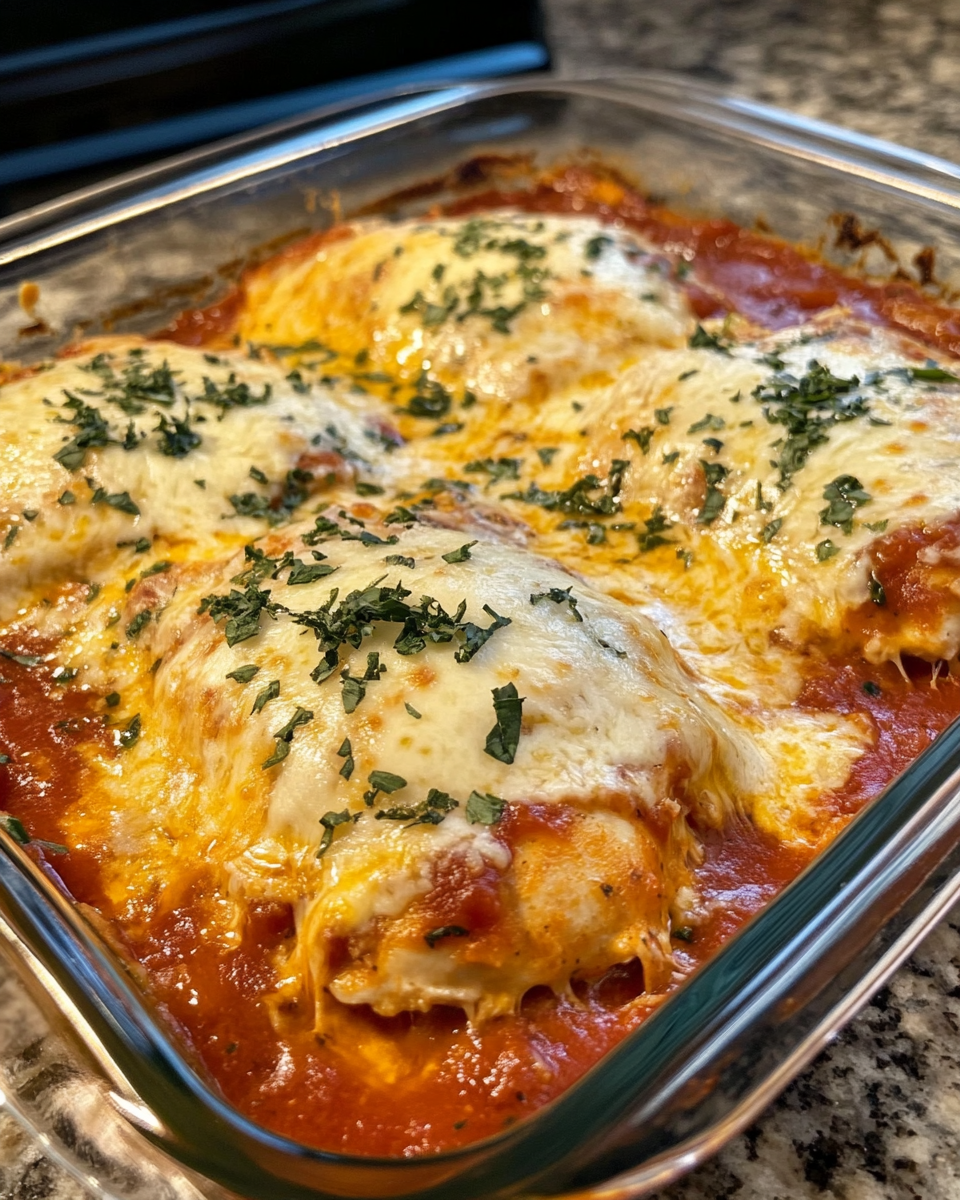 Close up of baked chicken parmesan with melted cheese