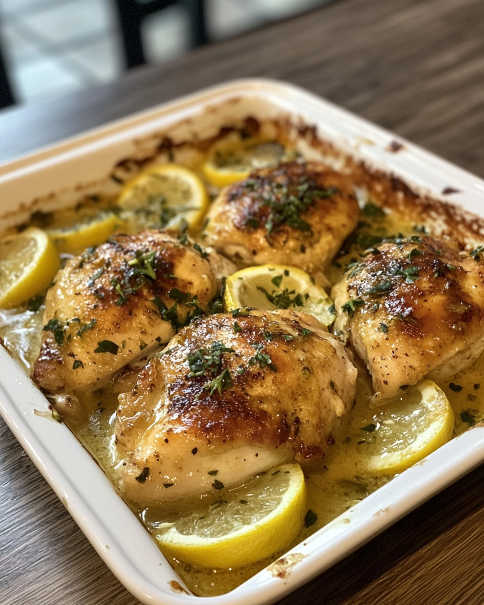 Chicken thighs cooking with potatoes in baking dish