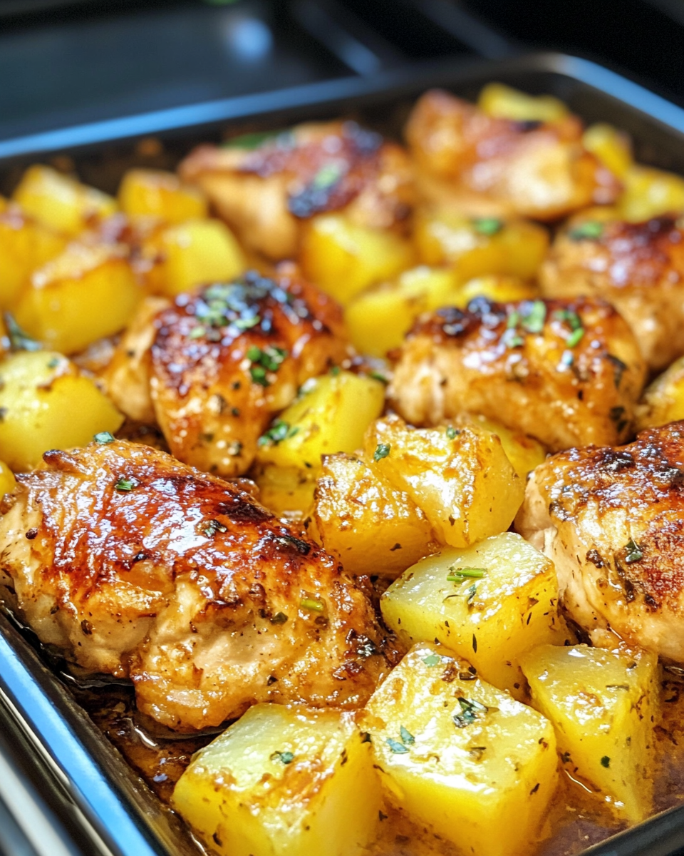 Plated Hawaiian chicken with pineapple and bell pepper