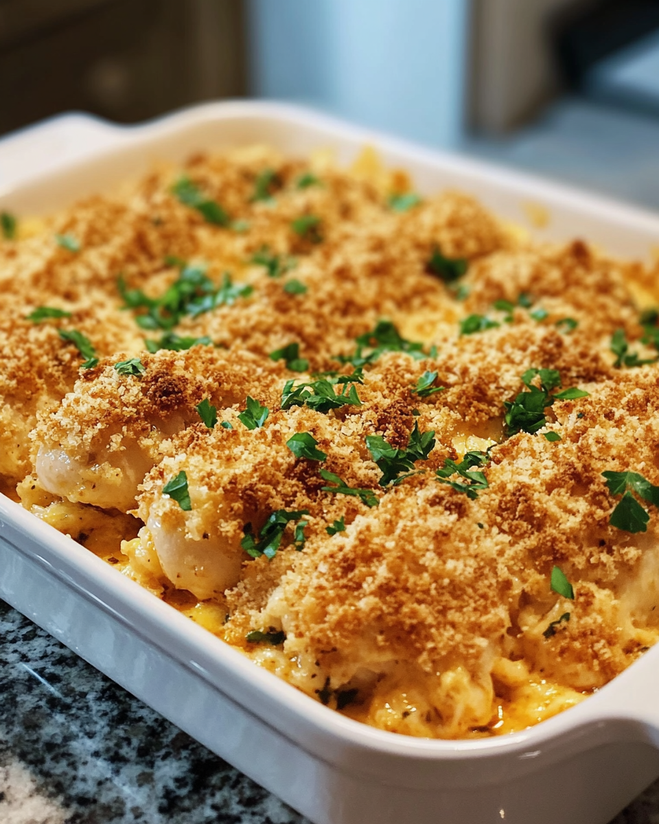 Close up of Bang Bang Chicken Bake with parsley garnish