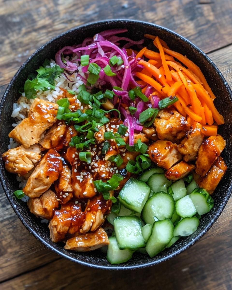 Close-up of Bang Bang Chicken Bowl showing textures