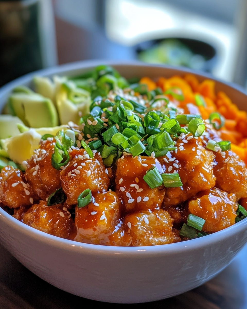 Prepared Bang Bang Chicken Bowls with fresh vegetables