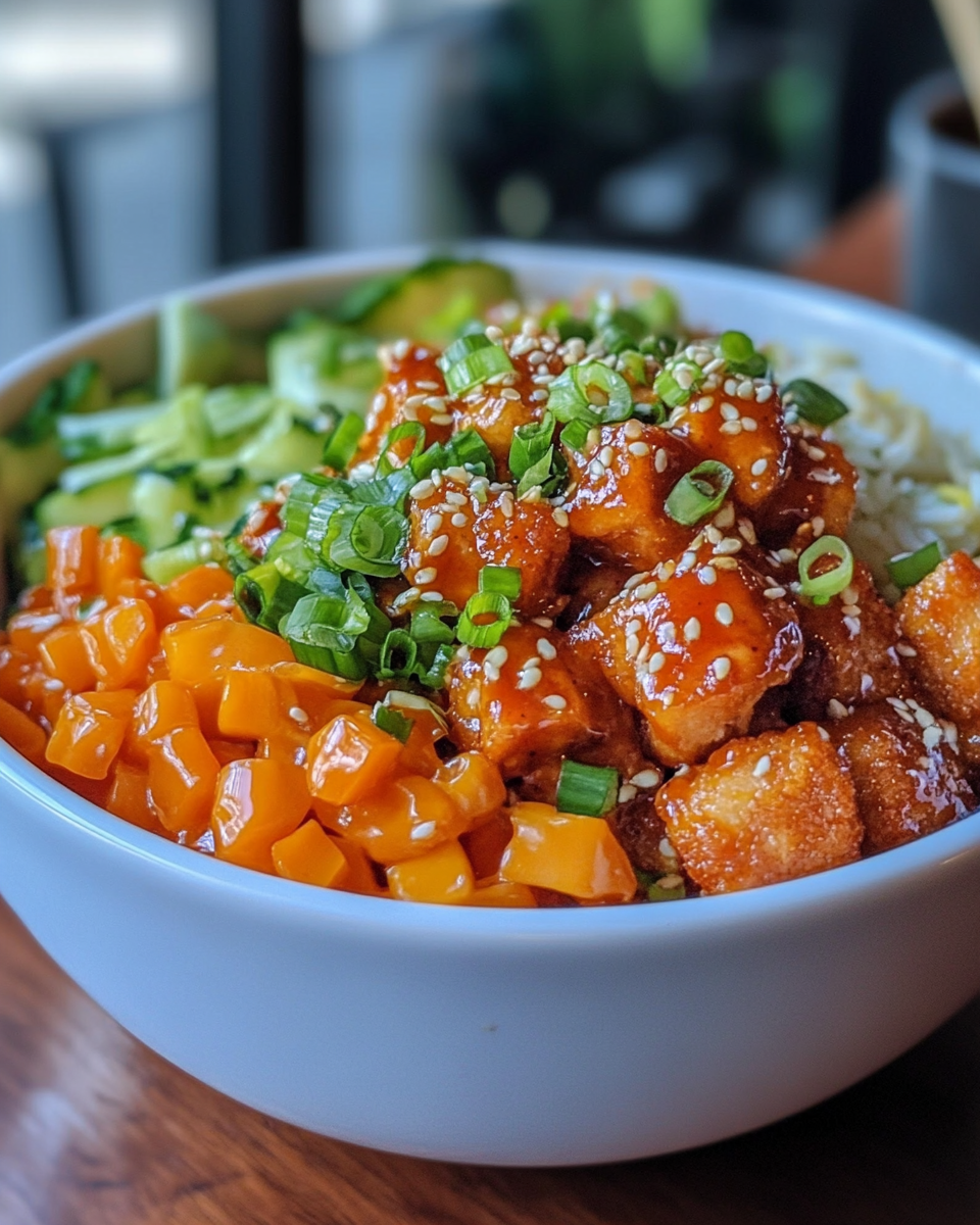 Close-up of Bang Bang Chicken with vibrant sauce glaze