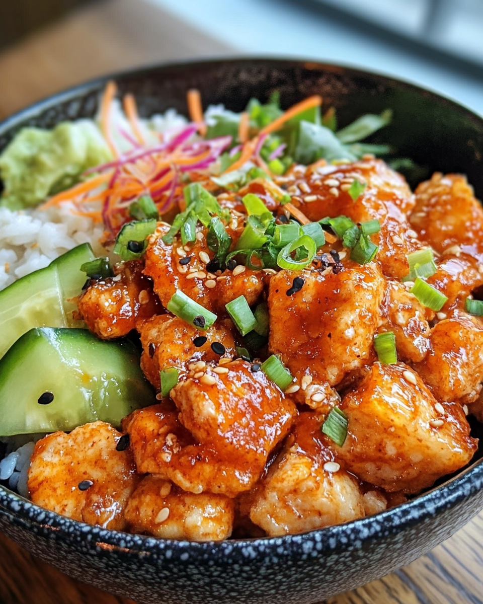 Bang Bang Chicken Bowl in a white bowl with vibrant colors