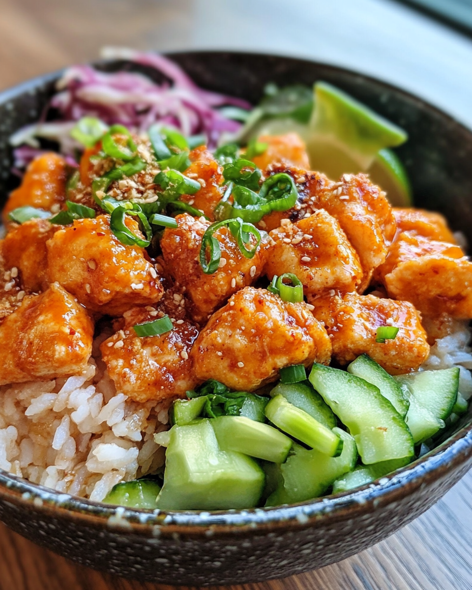 Bang Bang Chicken Bowl served with fresh veggies and garnish