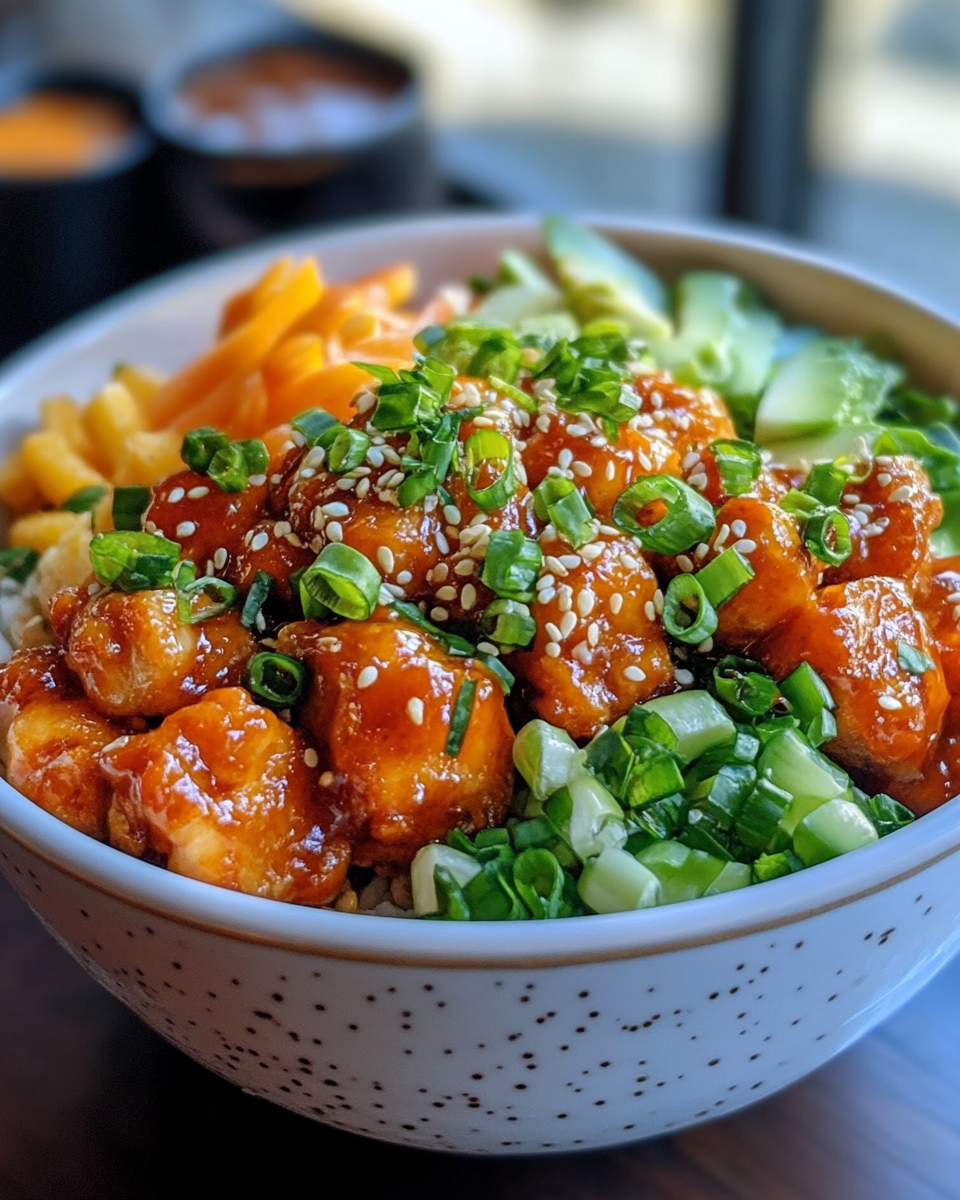Bang Bang Chicken Bowl served in a bowl with vibrant ingredients