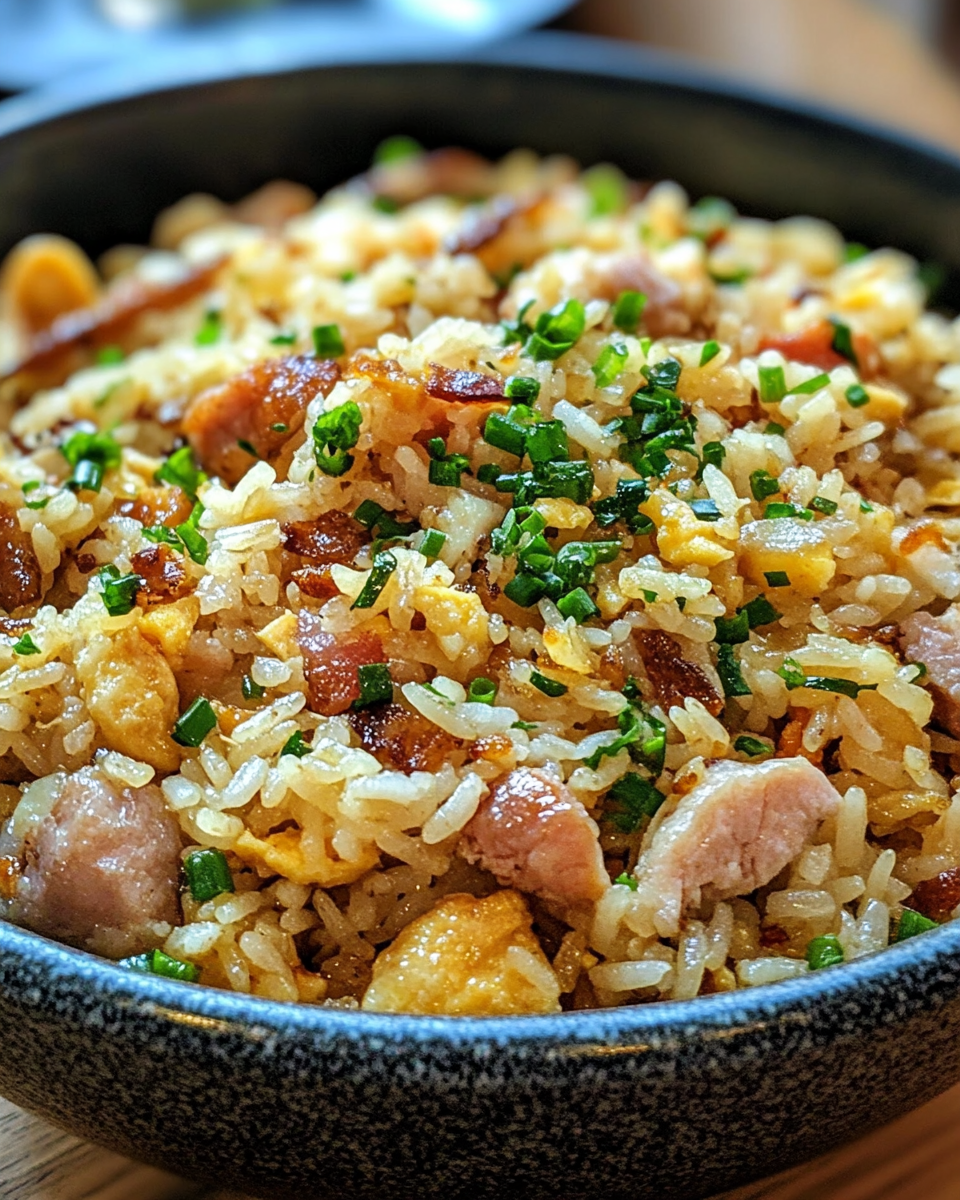 Finished Bang Bang Chicken Fried Rice served on plate with sauce drizzle