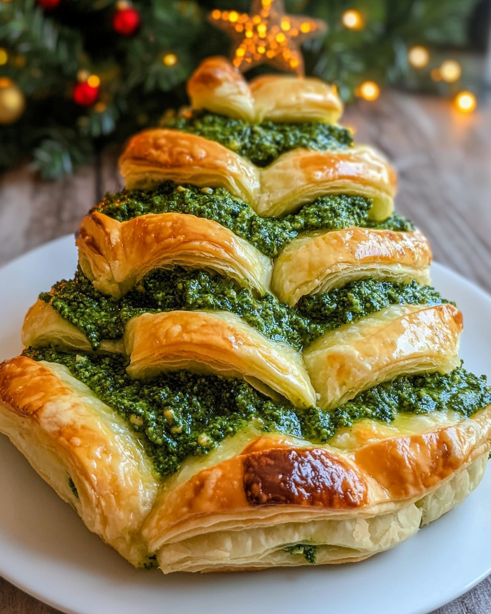 Puff Pastry Christmas Tree with basil pesto and cherry tomatoes