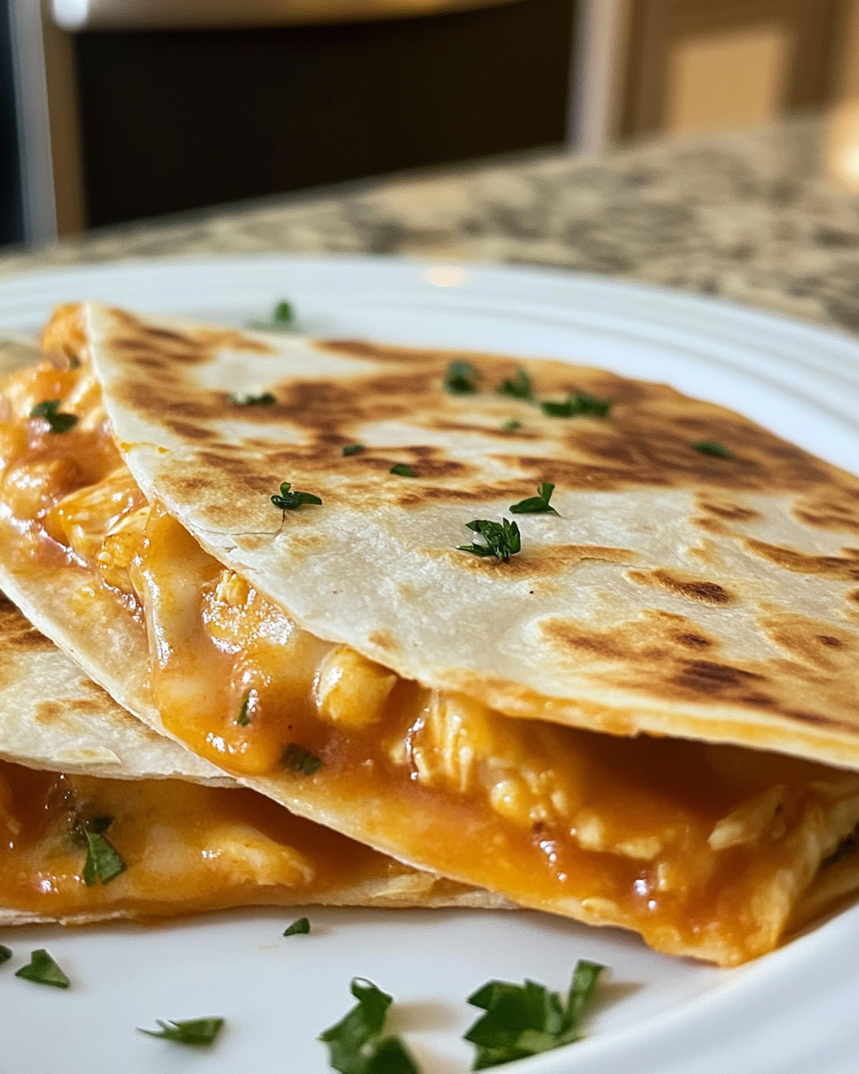 Plated BBQ chicken quesadilla slice with dipping sauce