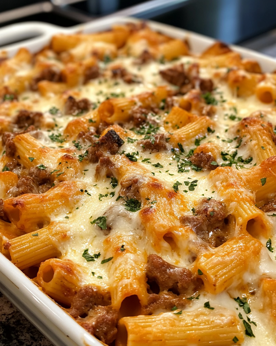 Golden bubbly crust of baked ziti