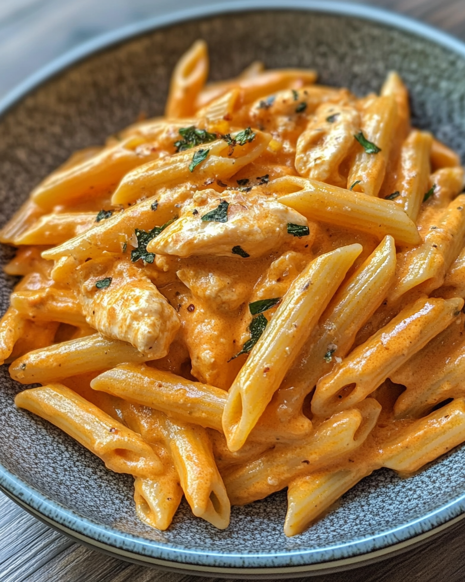 Creamy chicken penne alla vodka plated with basil garnish