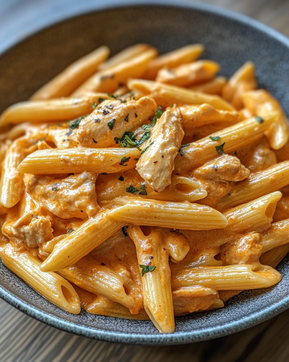 Close-up of creamy chicken penne alla vodka with fresh basil
