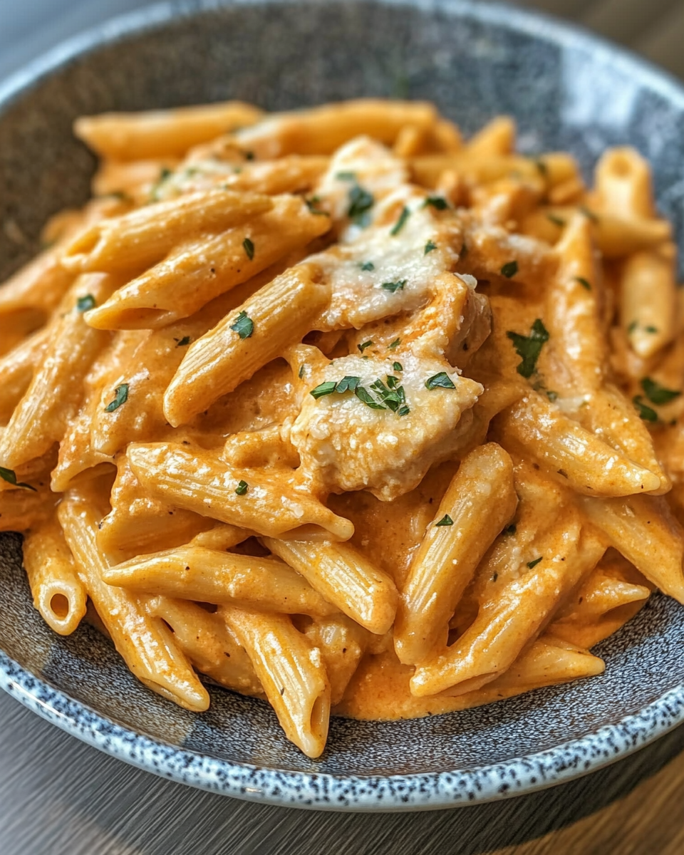 Creamy chicken penne alla vodka in a bowl