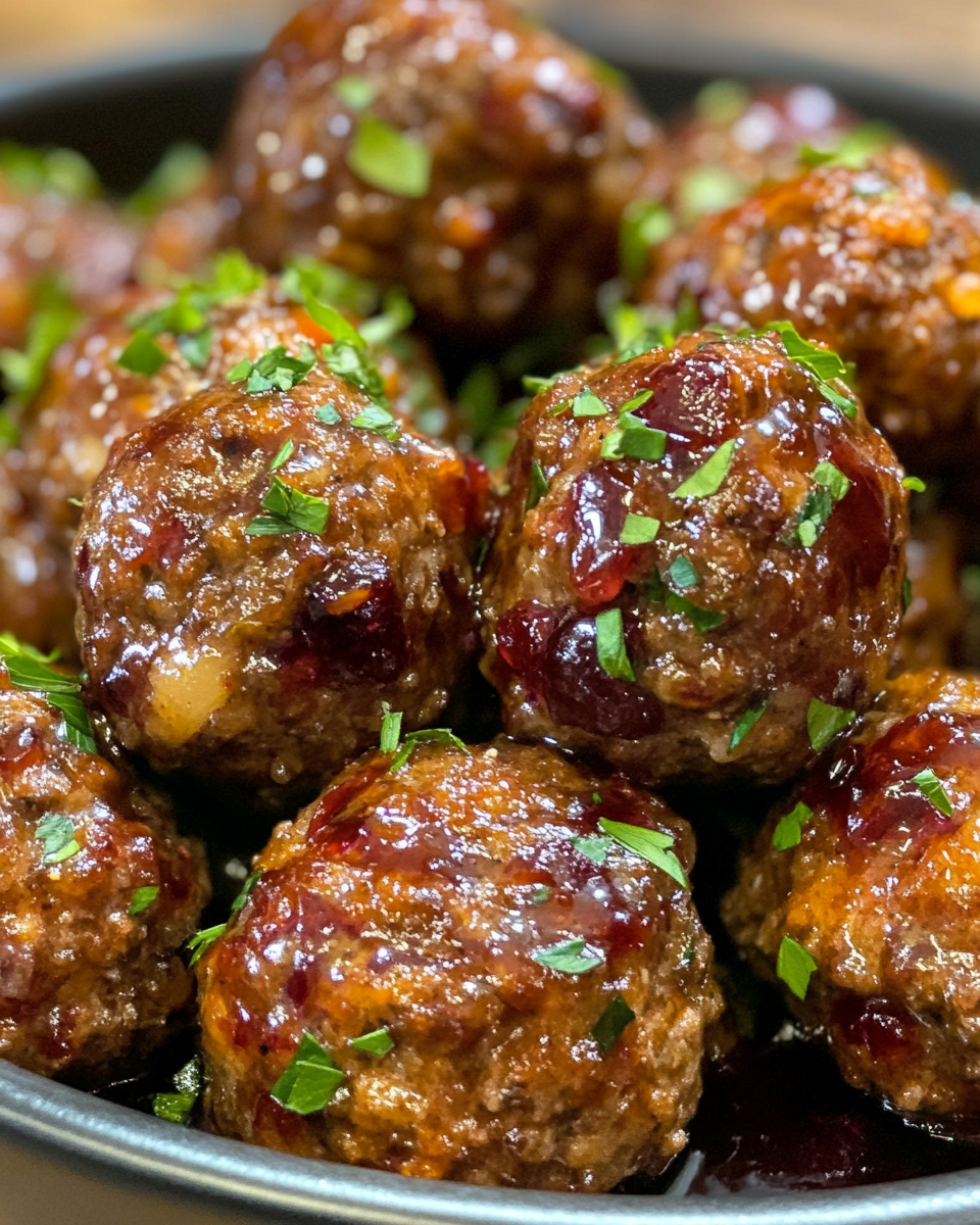 Close up of cranberry meatballs with garnish on a plate