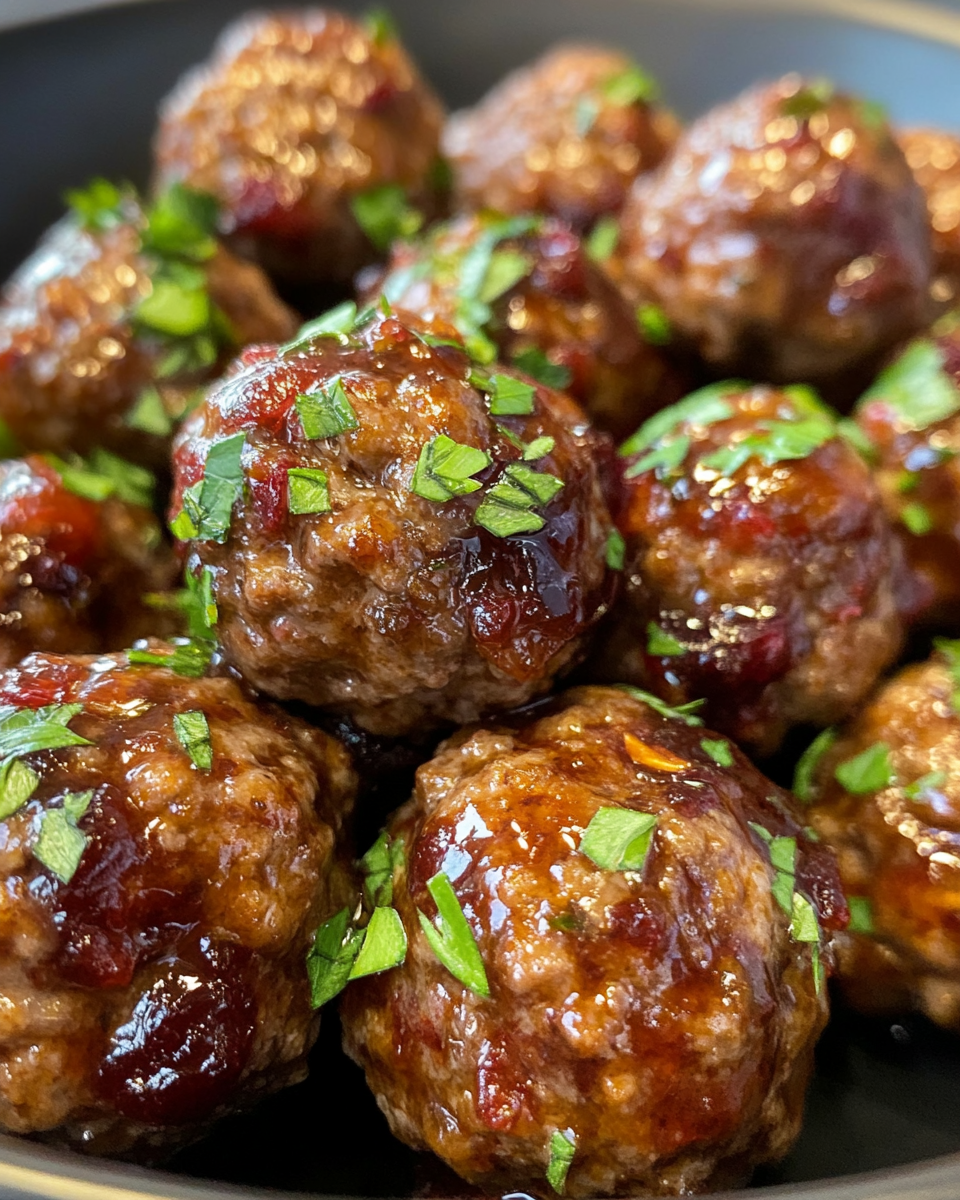 Cranberry meatballs in a white bowl with festive garnish
