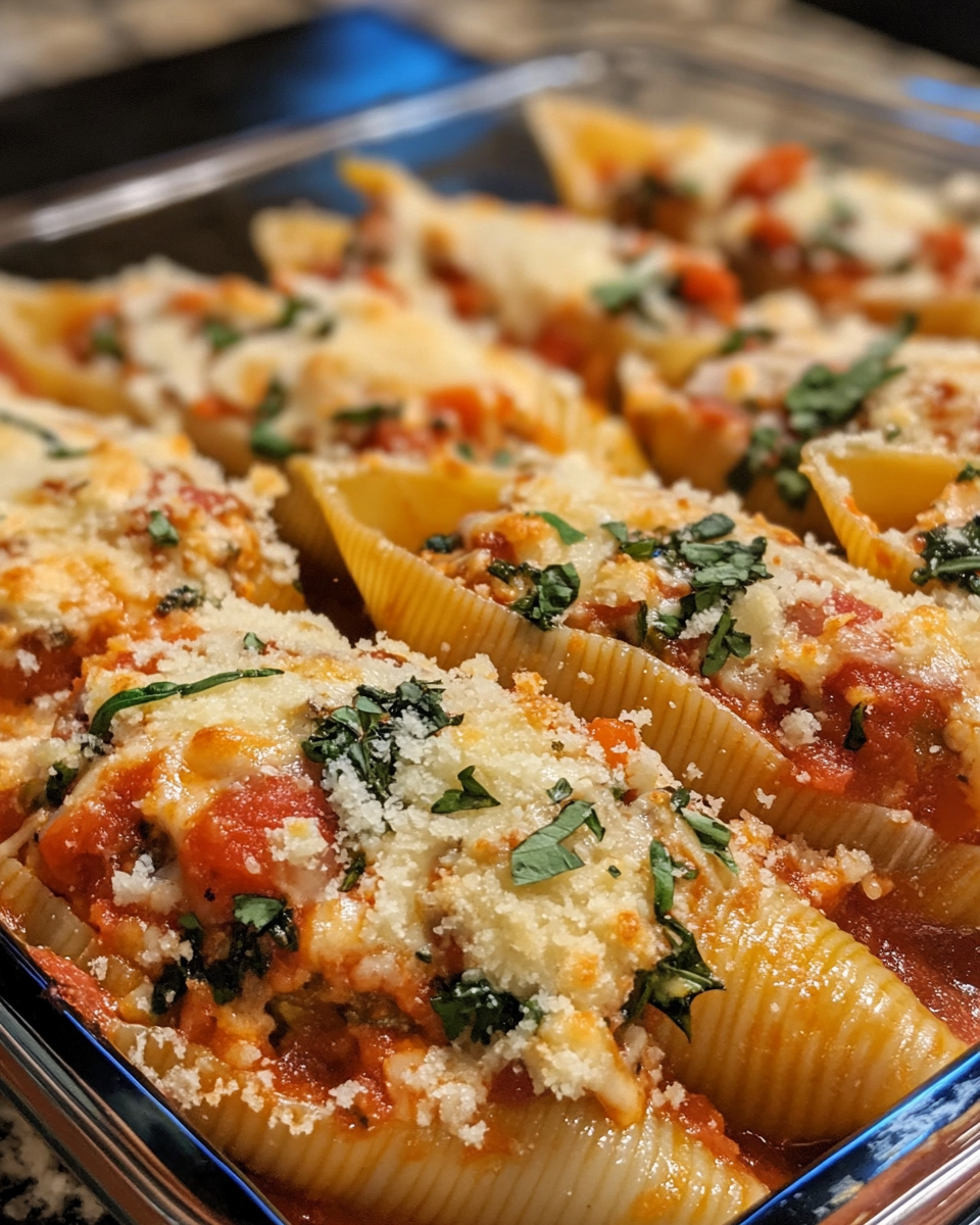 Stuffed shells baking in an oven dish