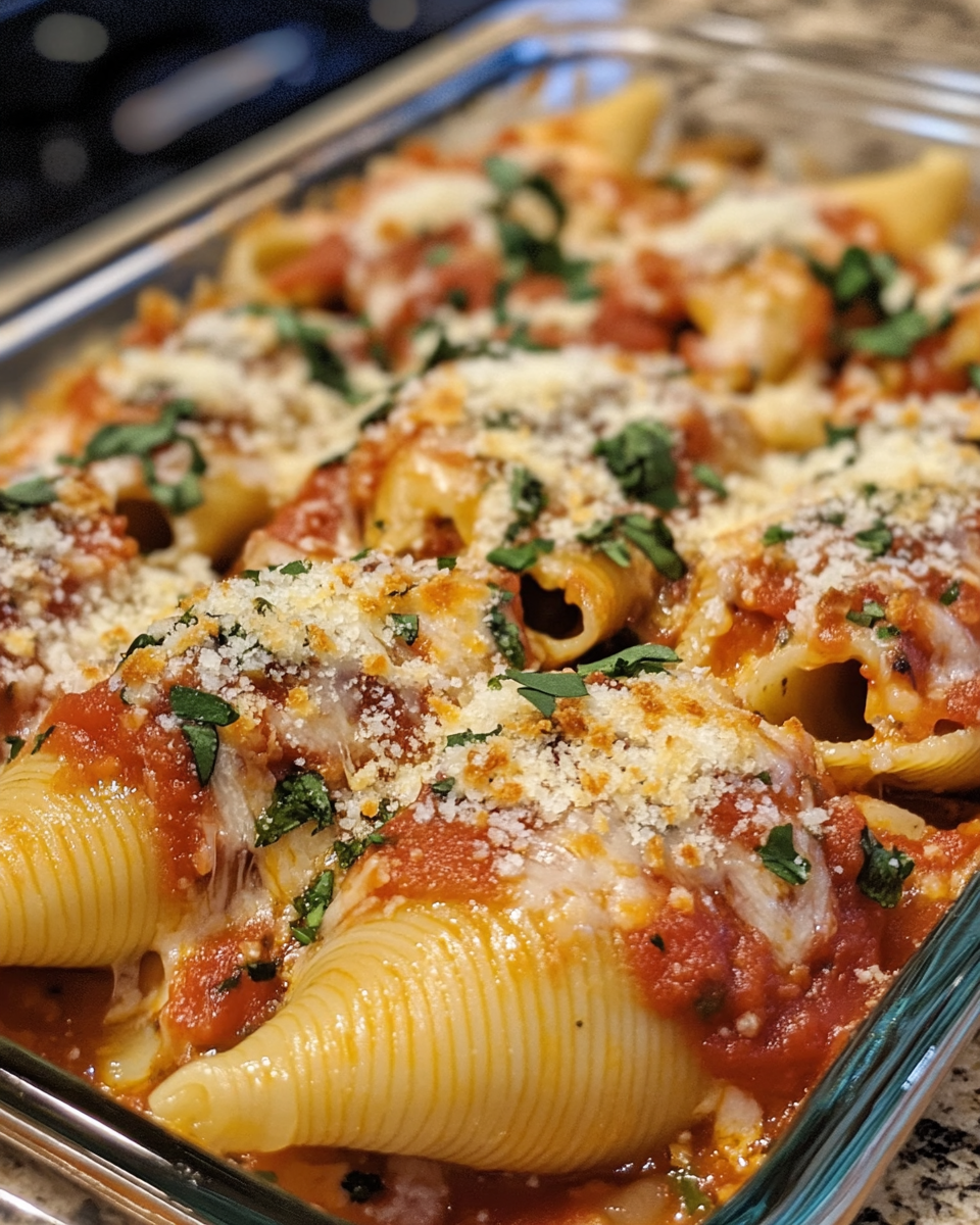 Close-up of cheesy stuffed pasta shells on a plate
