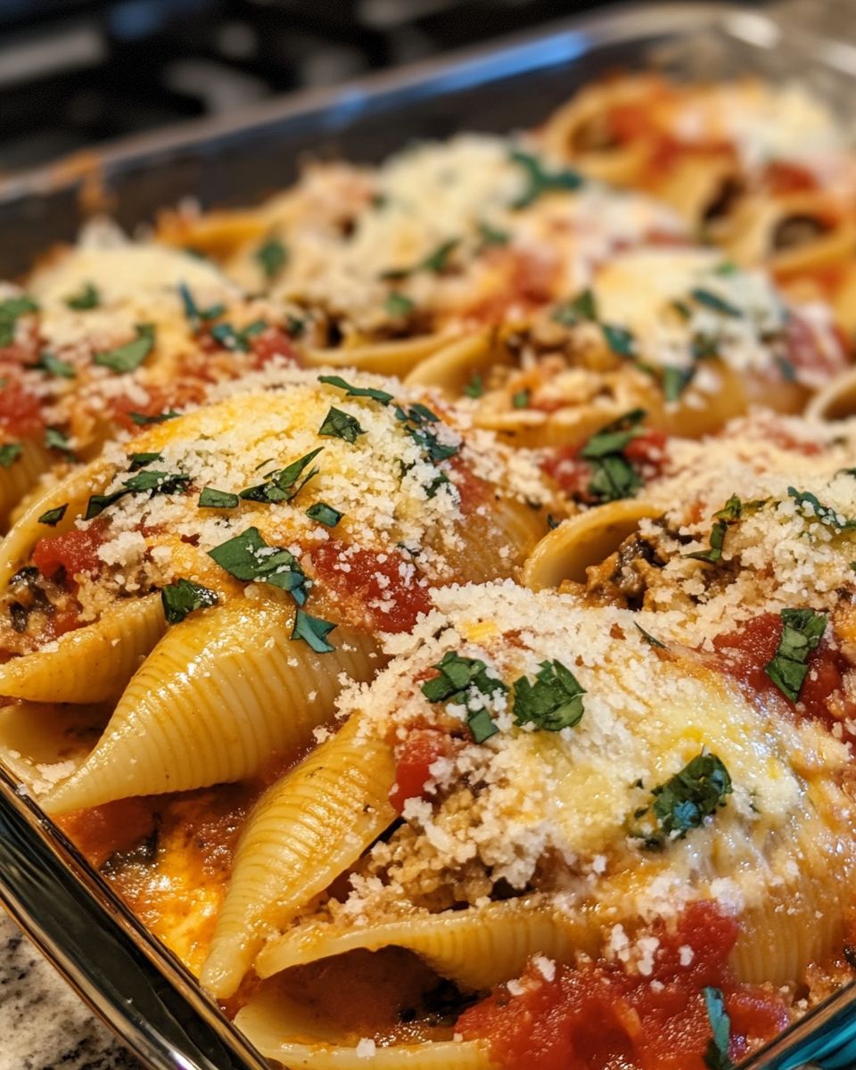 Jumbo stuffed pasta shells filled with cheese and spinach