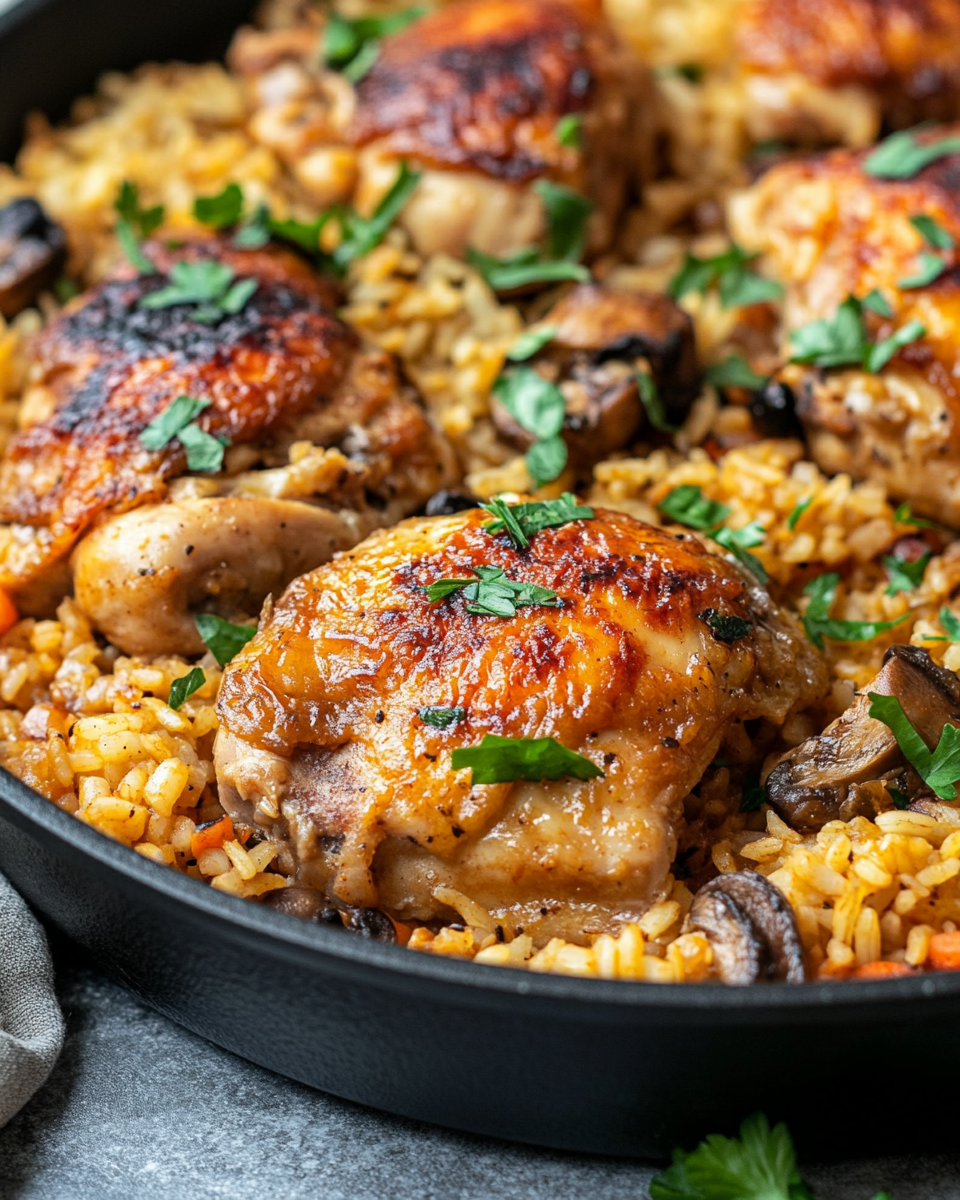 Delicious plated smothered chicken and rice ready to serve