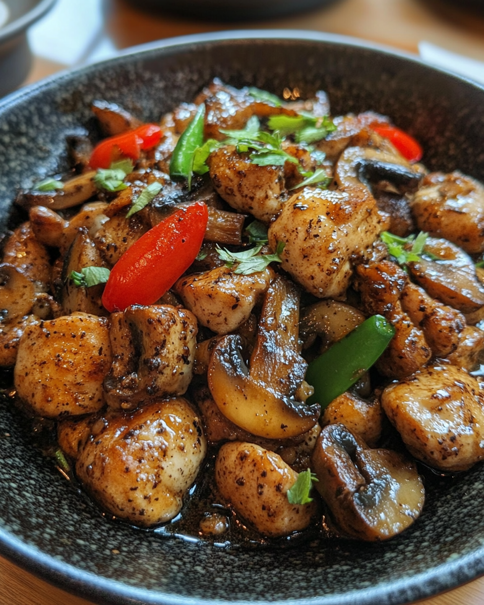 Black pepper chicken with mushrooms in pressure cooker