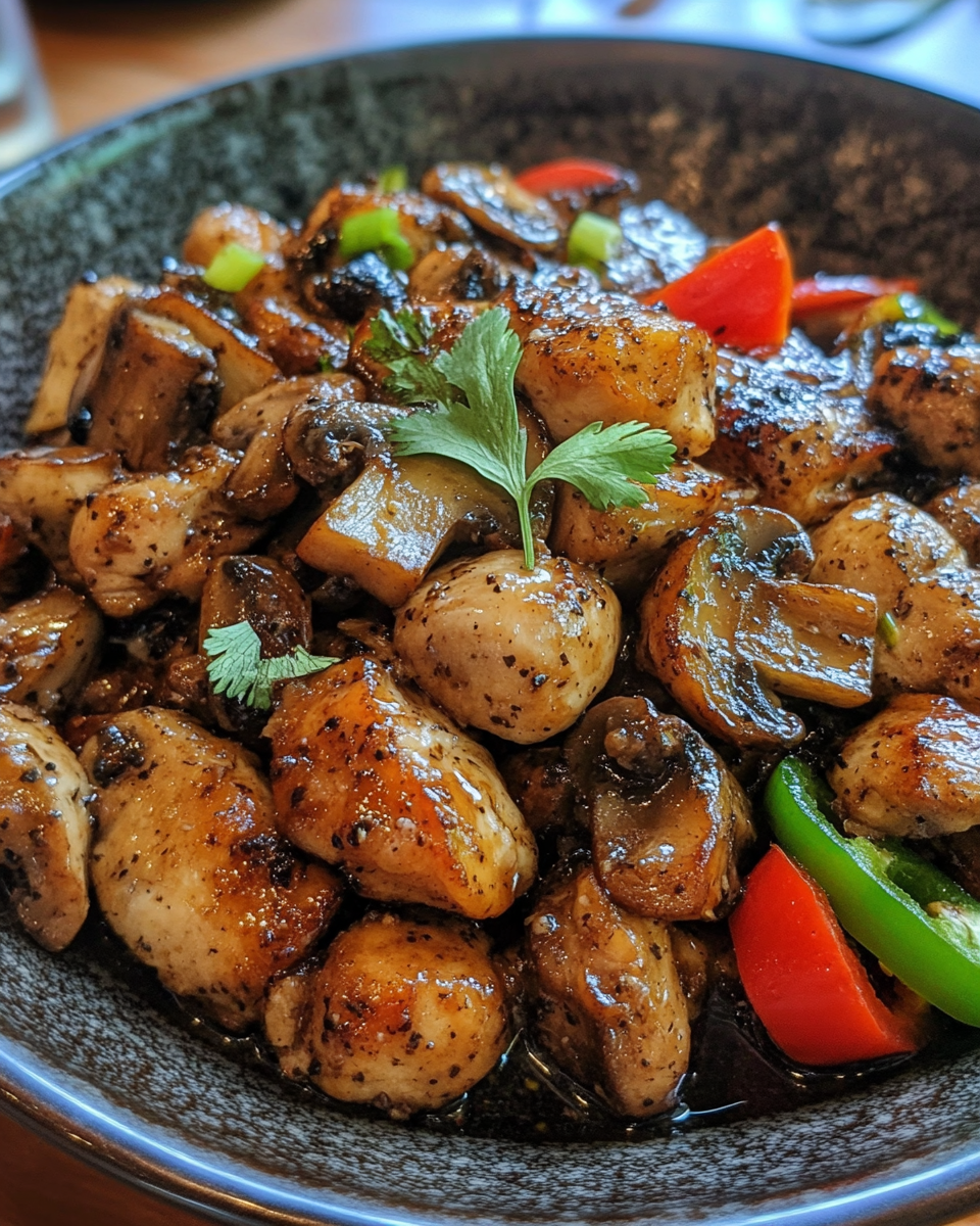 Finished black pepper chicken with mushrooms plated